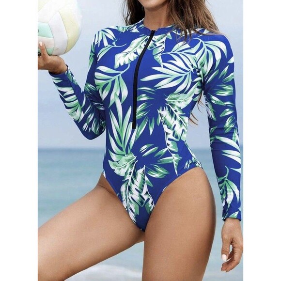 Shein Swim Tropical Print Zipper Front High Neck One Piece Blue swimsuit Size S - Picture 1 of 12